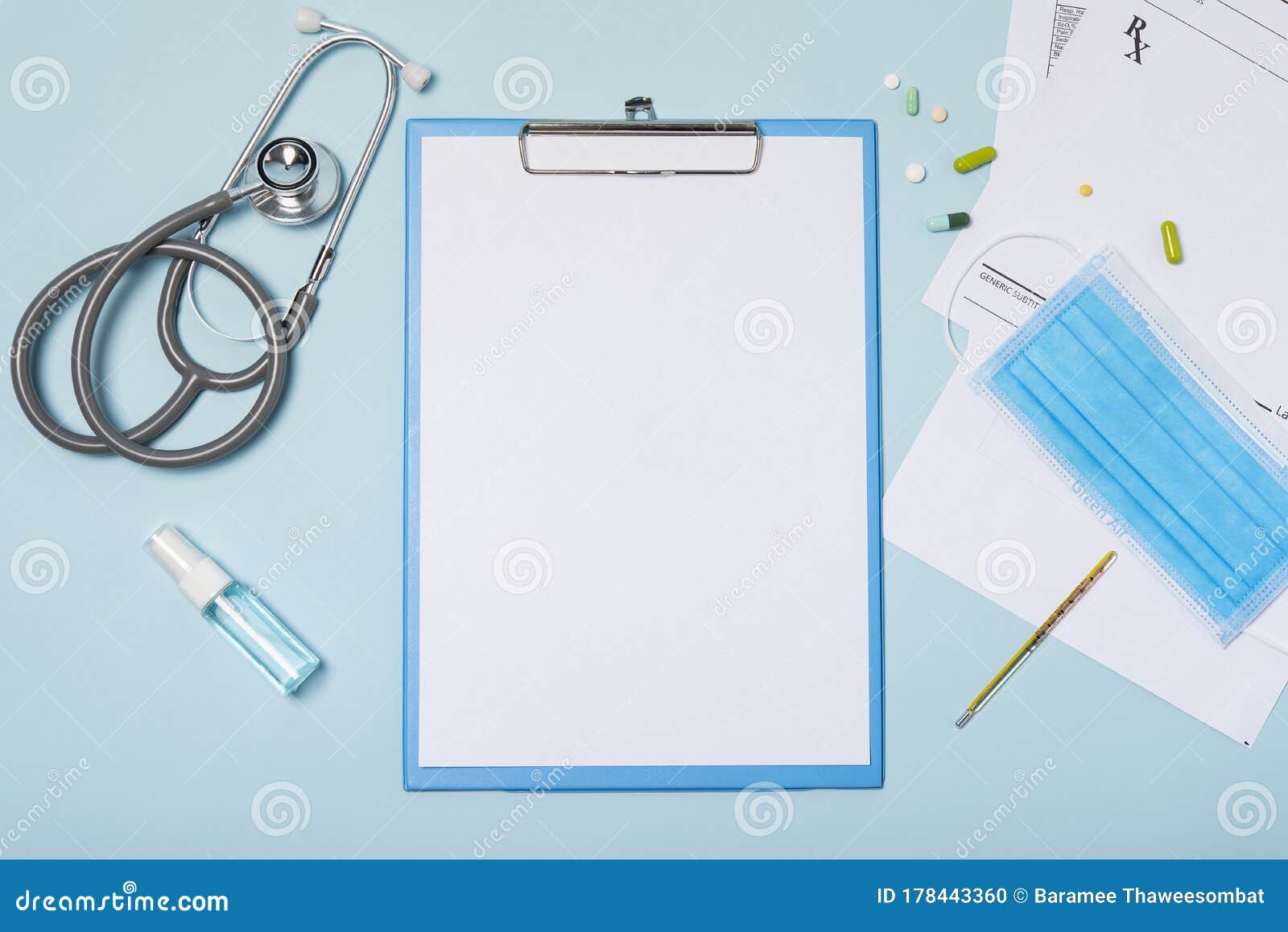 Download Medical Equipment Mockup Clipboard With Stethoscope And Drug, Surgical Mask On Blue Copy Space ...
