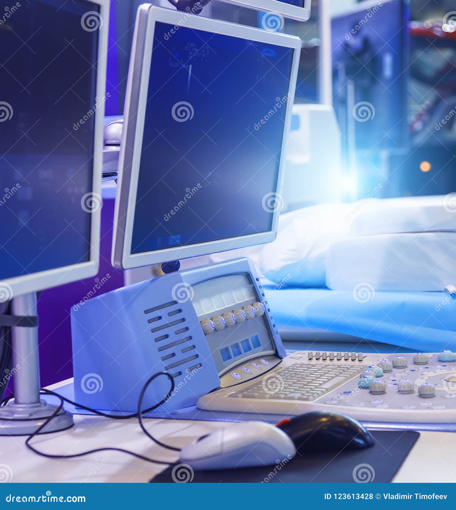 Multiple Monitors and Control Panel of Medical Equipment for Cancer