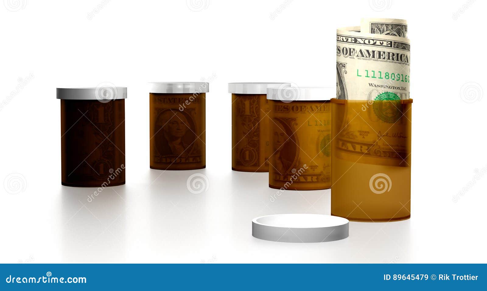 Medical Expenses Rolled Up Bills in Prescription Containers Stock
