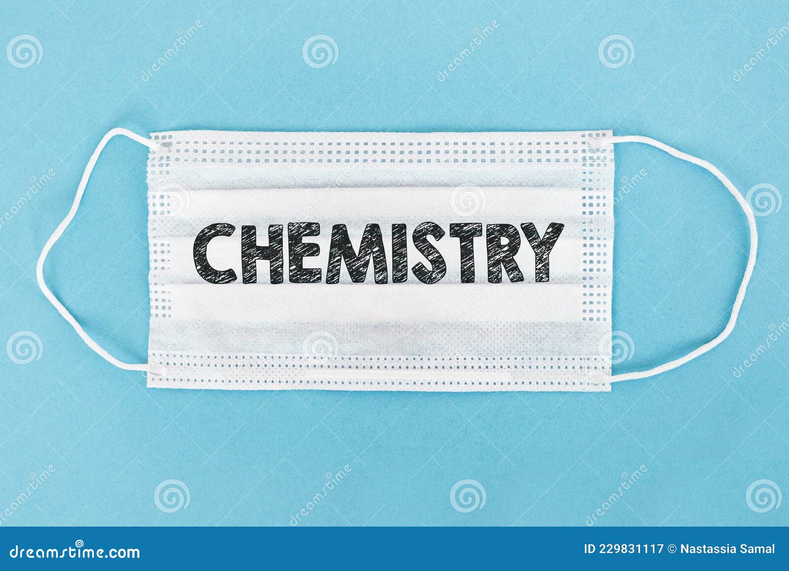Medical Face Mask with CHEMISTRY Text on Blue Background Stock Image