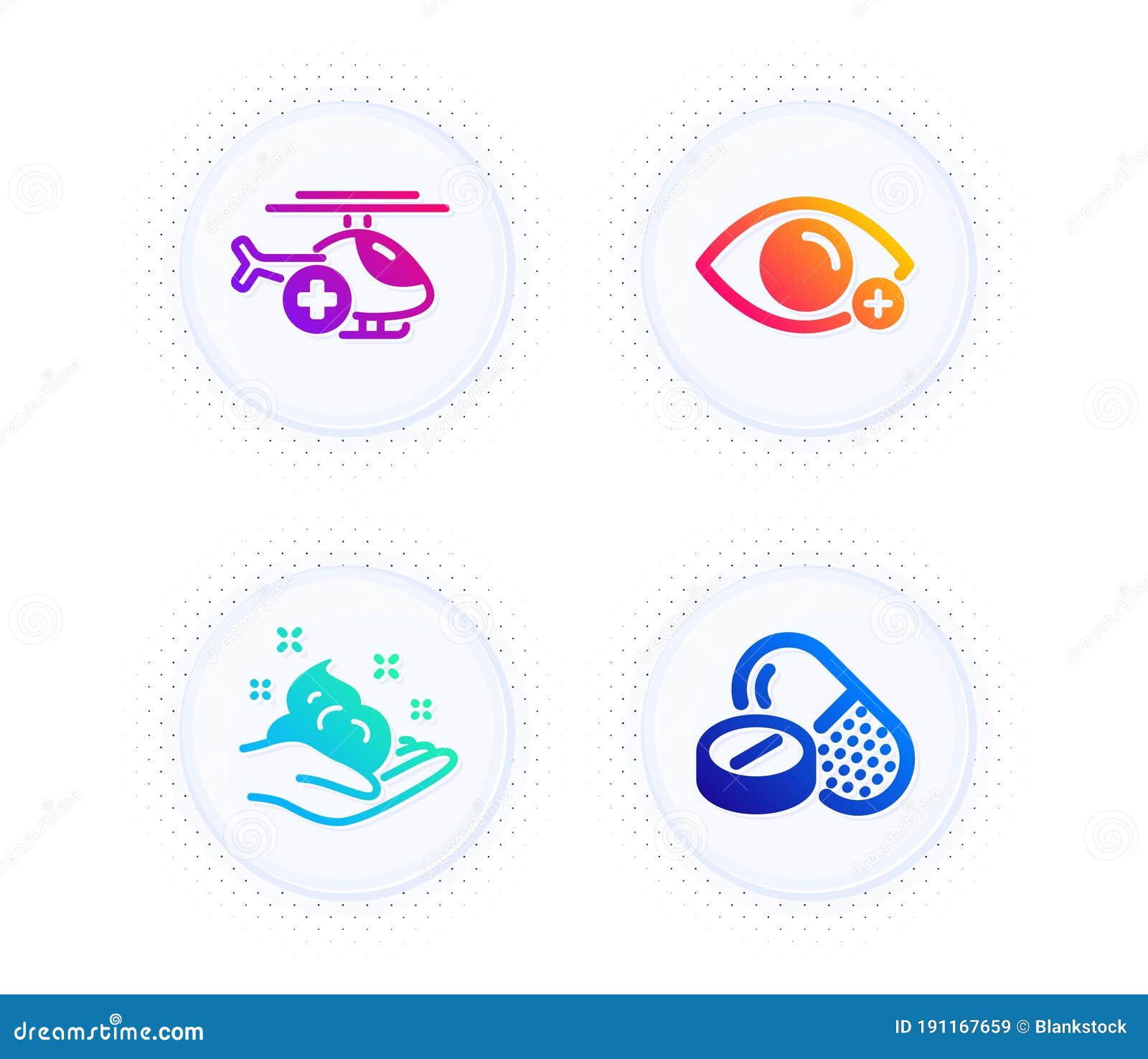 medical helicopter, skin care and farsightedness icons set. medical drugs sign. 