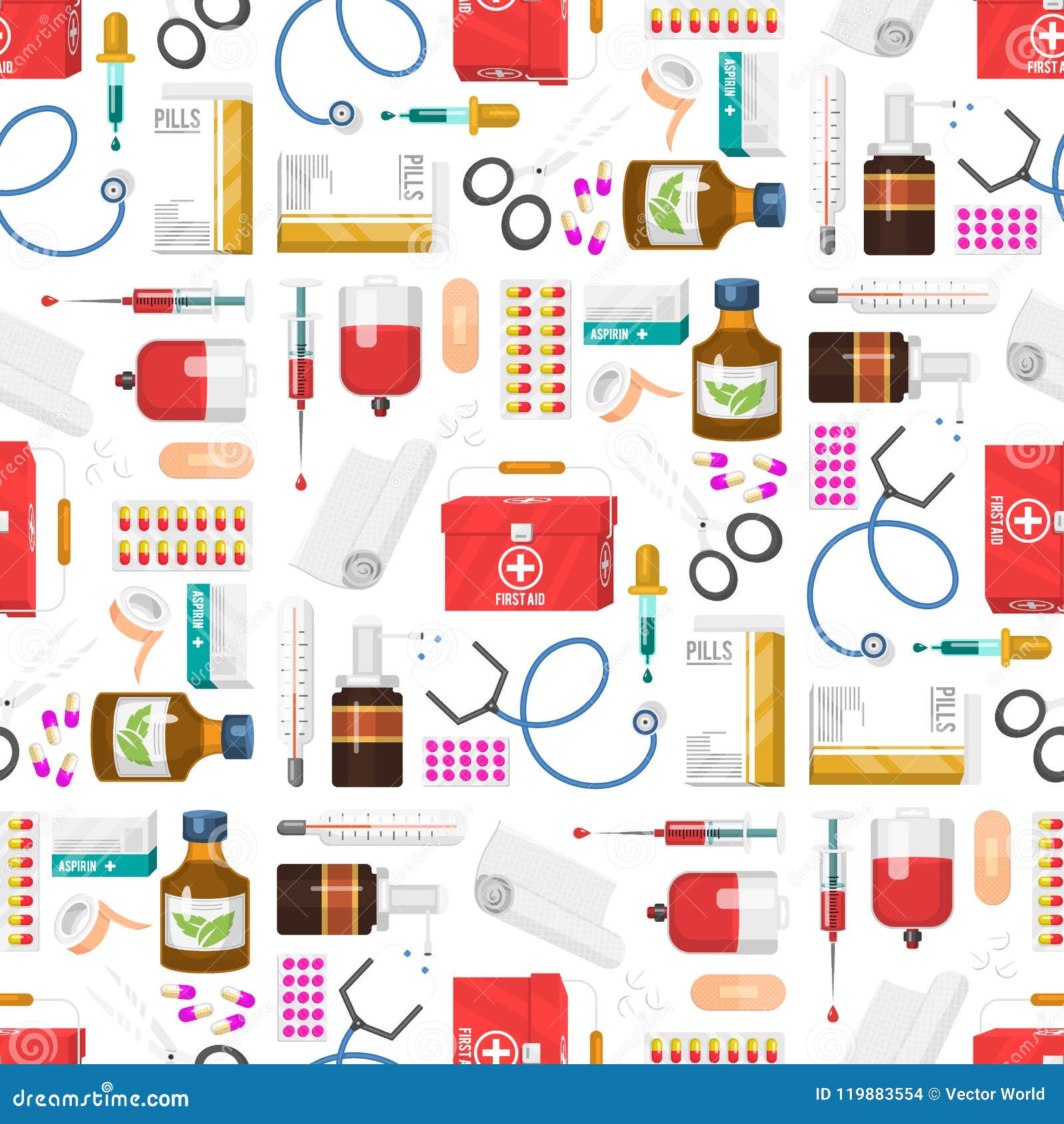 Big Collection Medical Tools Seamless Pattern Stock Vector