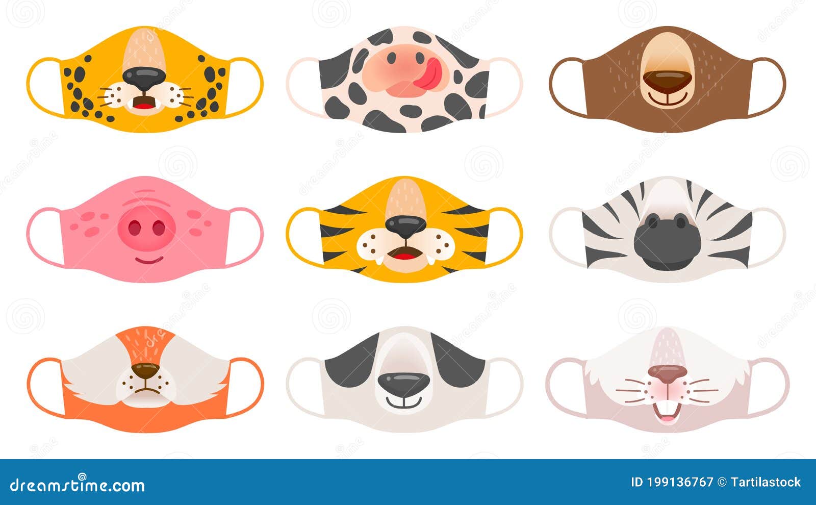 Medical Mask with Animals Faces. Tiger, Pig and Zebra, Bear and Rabbit, Fox  and Cow Kids Covid-19 Protective Masks Print Stock Vector - Illustration of  covid19, icon: 199136767