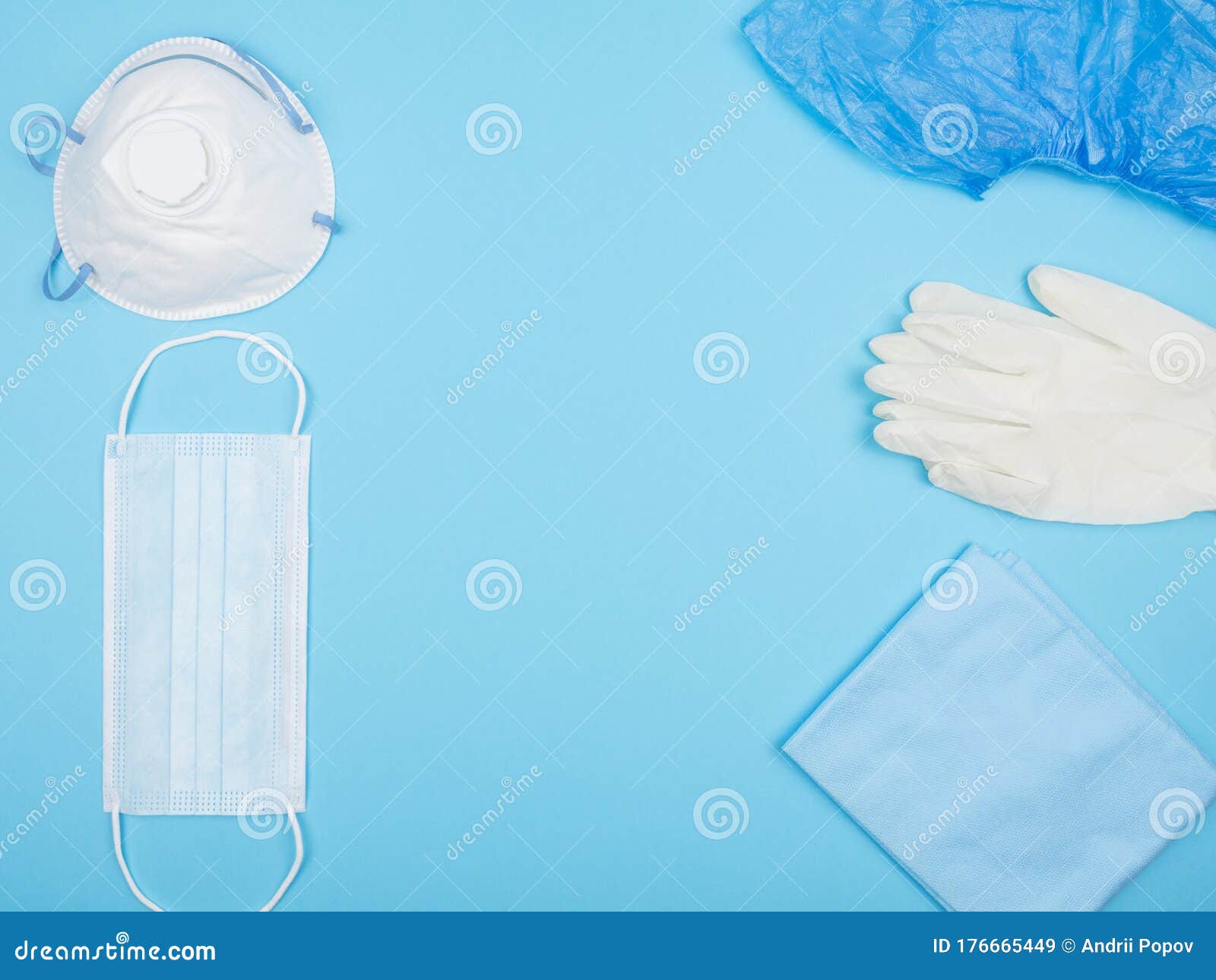 medical personal protective equipment on a blue background