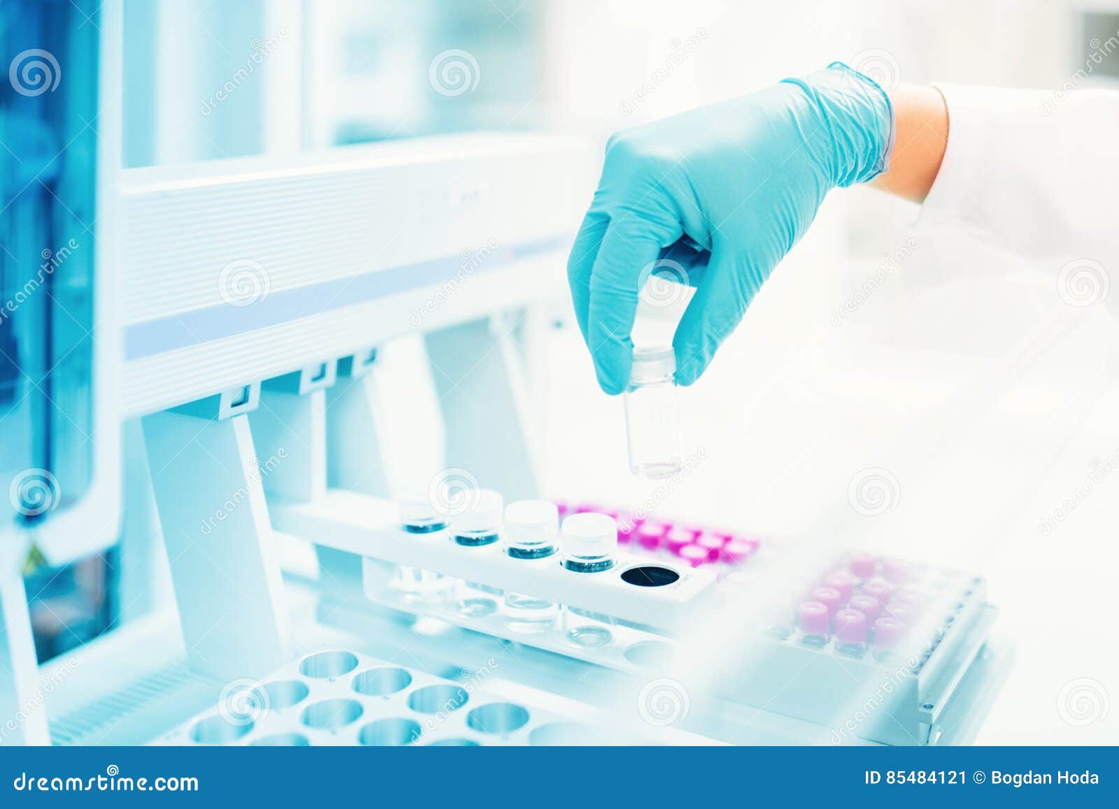medical, pharmaceutical specialist hand holding empty sample for experiments