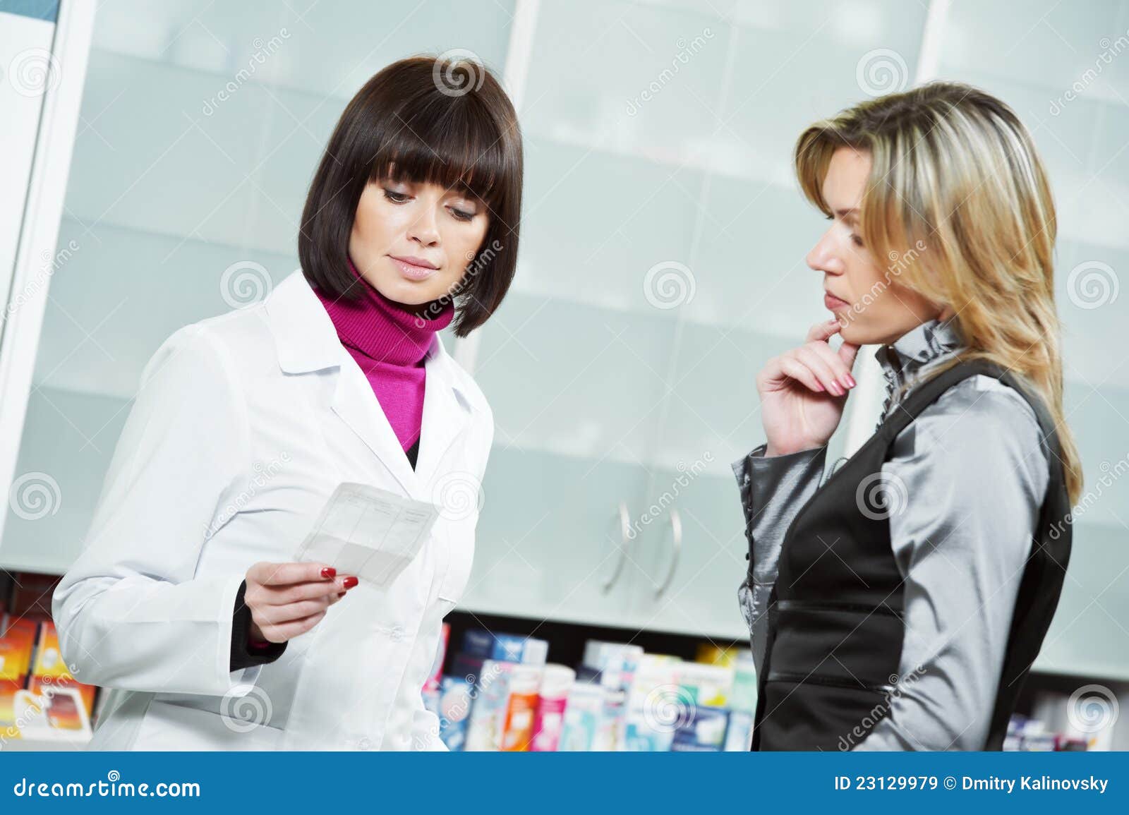 Medical pharmacy drug purchase. Pharmacist suggesting medical drug to buyer in pharmacy drugstore