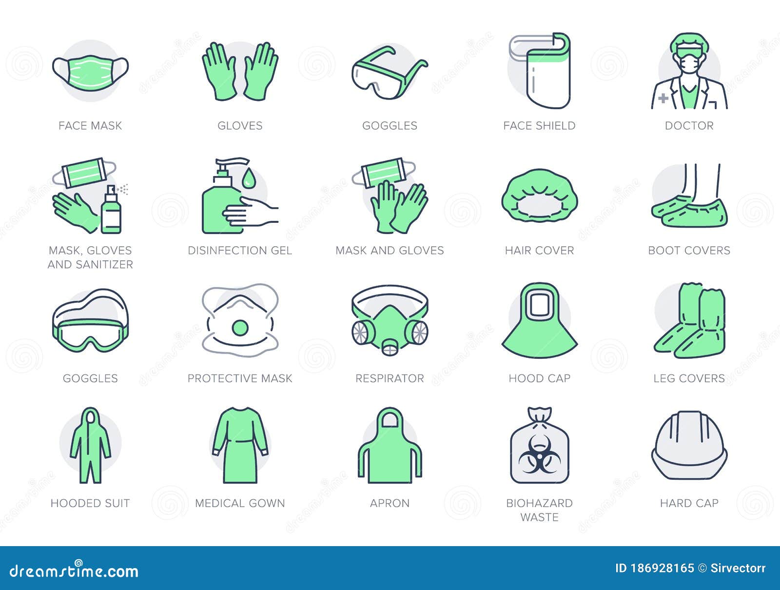 medical ppe line icons.   included icon as face mask, gloves, doctor gown, hair cover, biohazard waste