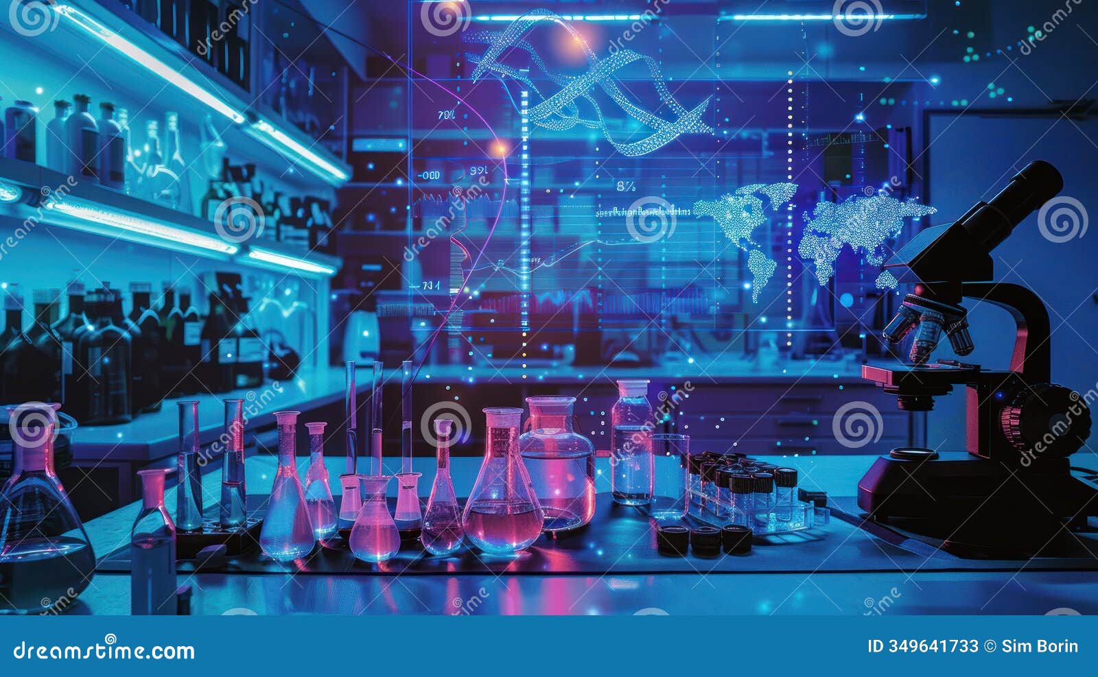 a medical research lab with test tubes, microscopes