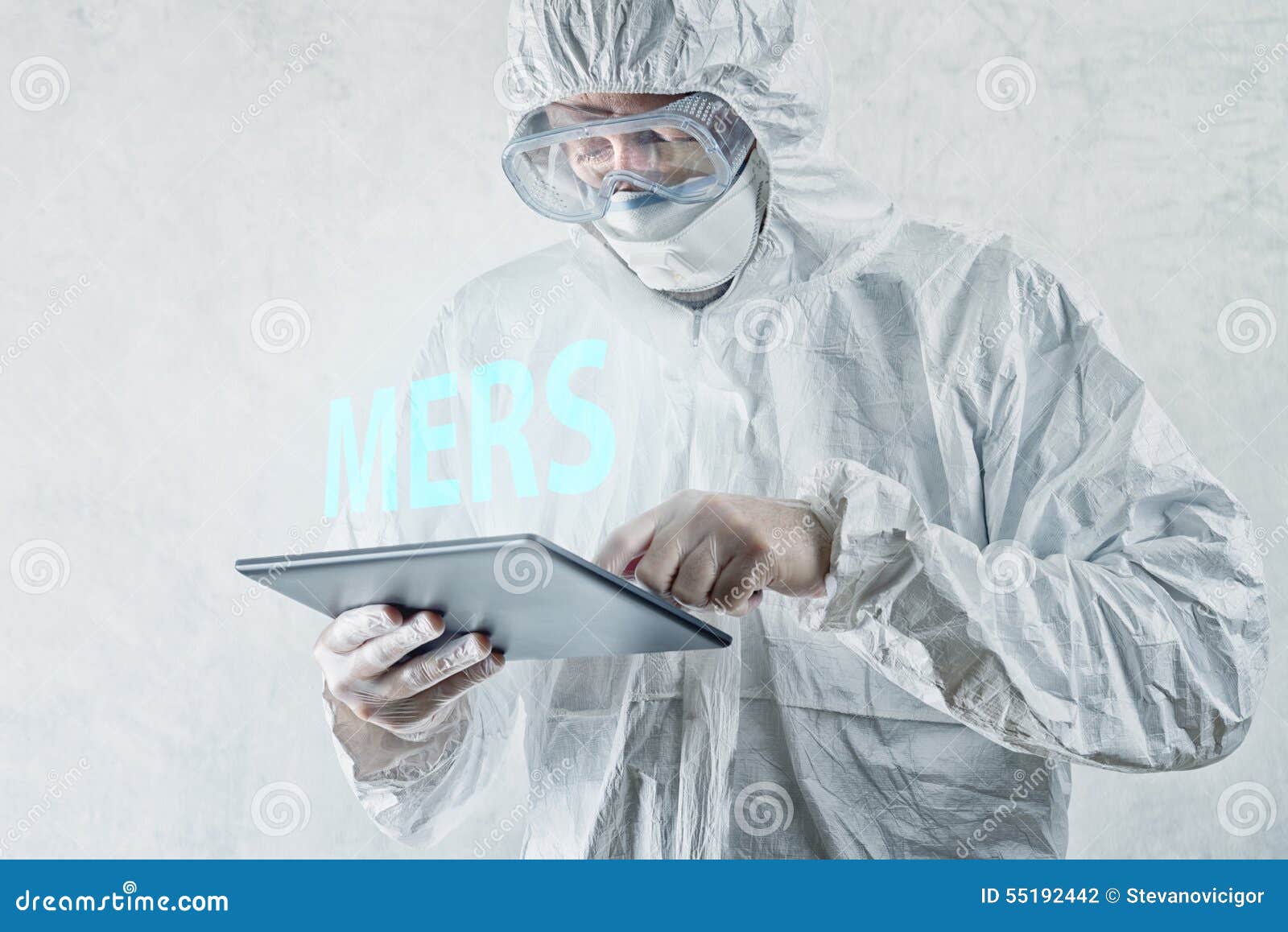 medical scientist reading about mers virus on figital tablet com
