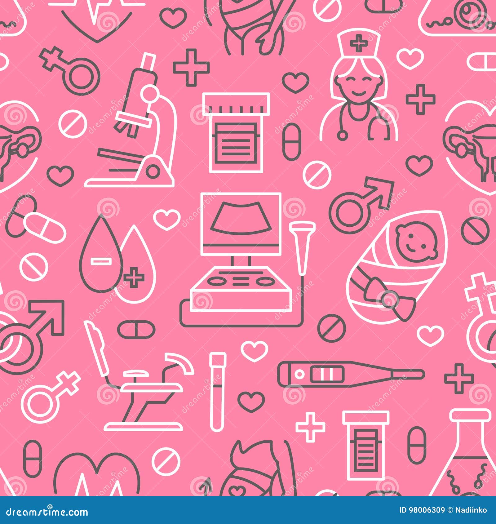 Medical Seamless Pattern, Gynecology Vector Background Pink Color