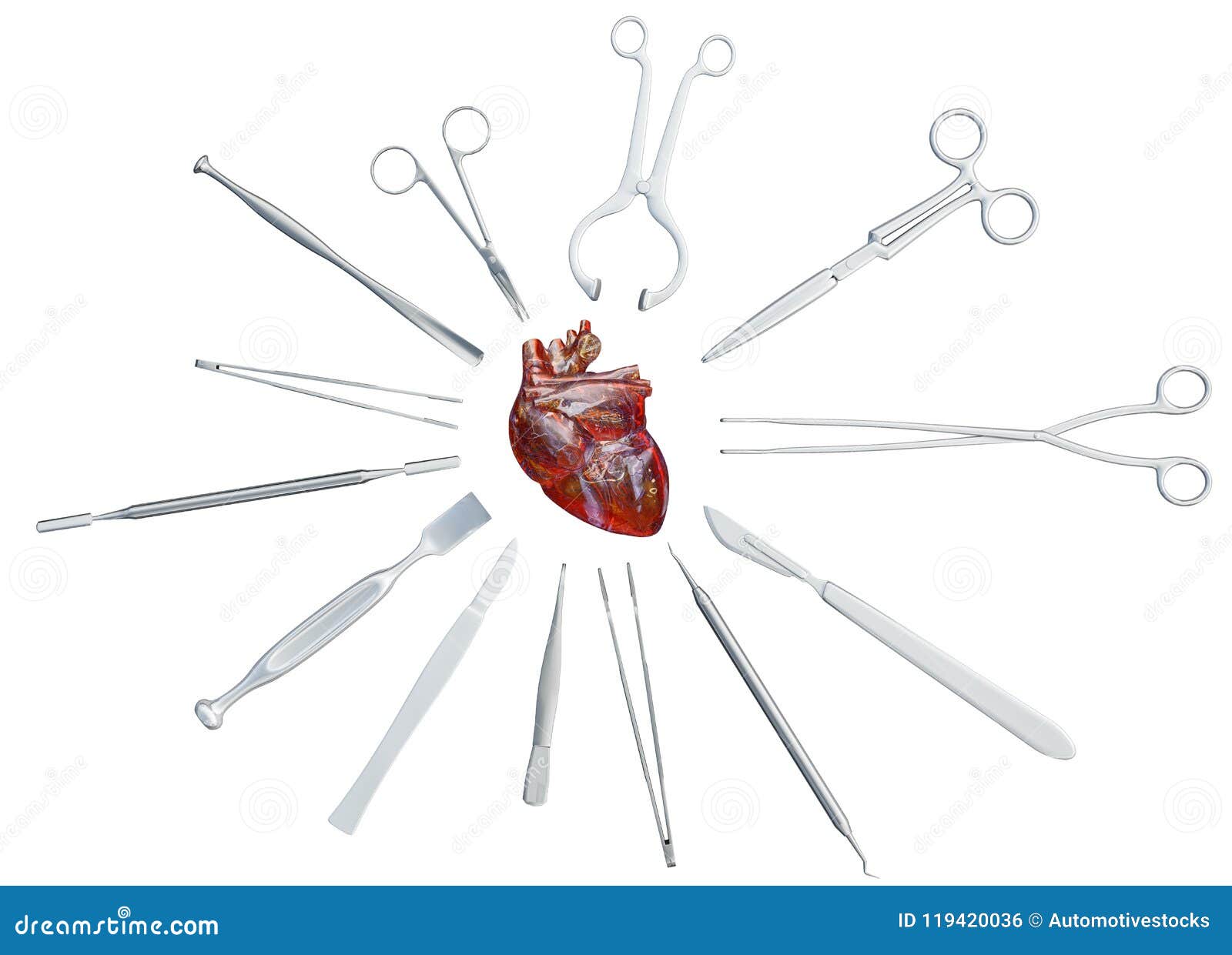 Medical Surgical Instruments Around the Human Heart. 3D Illustration ...