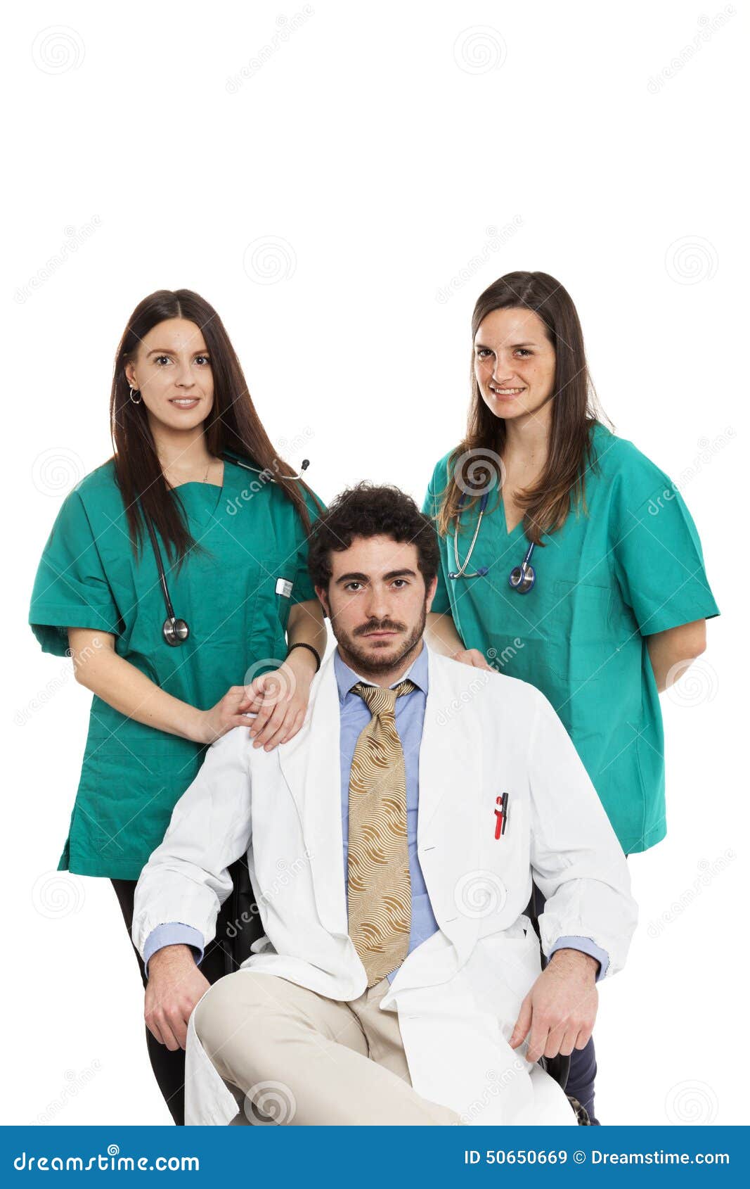 medical team with bearded doctor and beautiful female surgeons smile. doctors staff. caucasian.  on white.