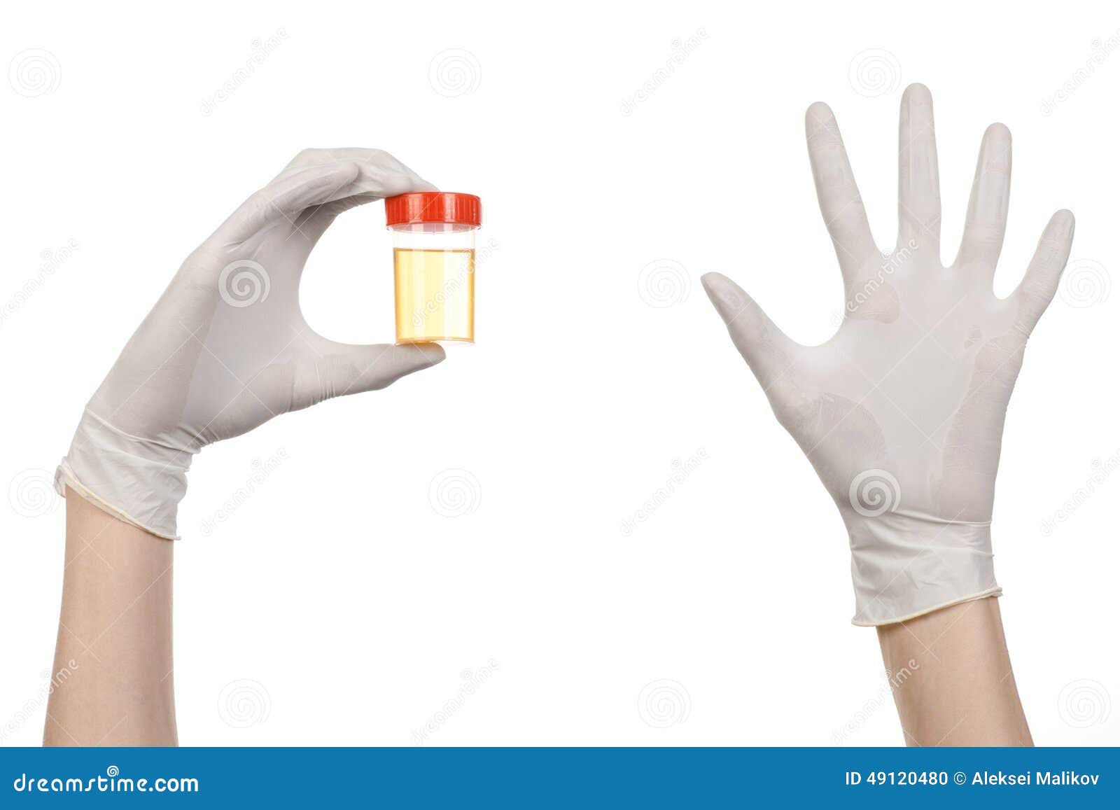 Medical theme: doctor s hand in white gloves holding a transparent container with the analysis of urine on a white background studio