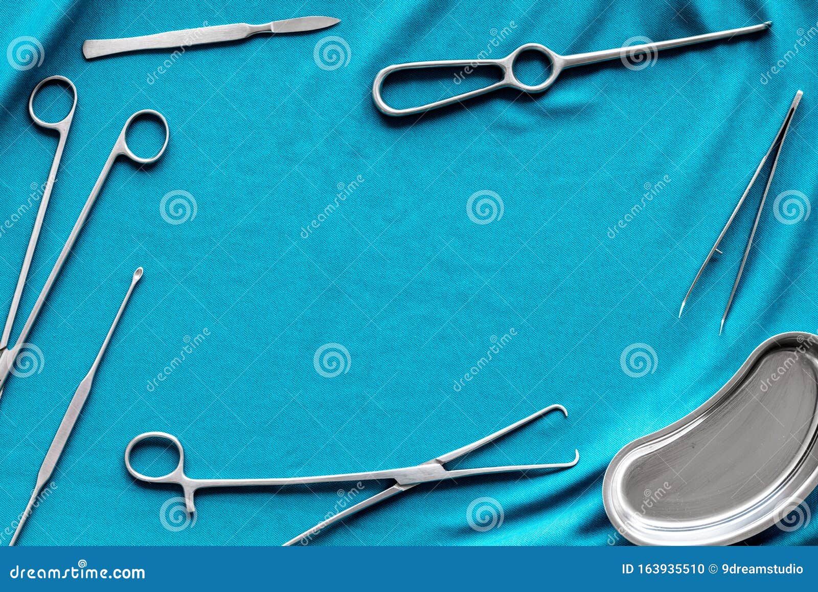 Medical Tools for Plastic Surgery and Bandage on Blue Background Top