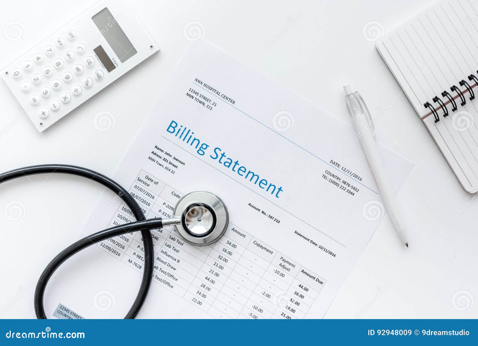 medical treatmant billing statement with stethoscope and calculator on white background top view mock up