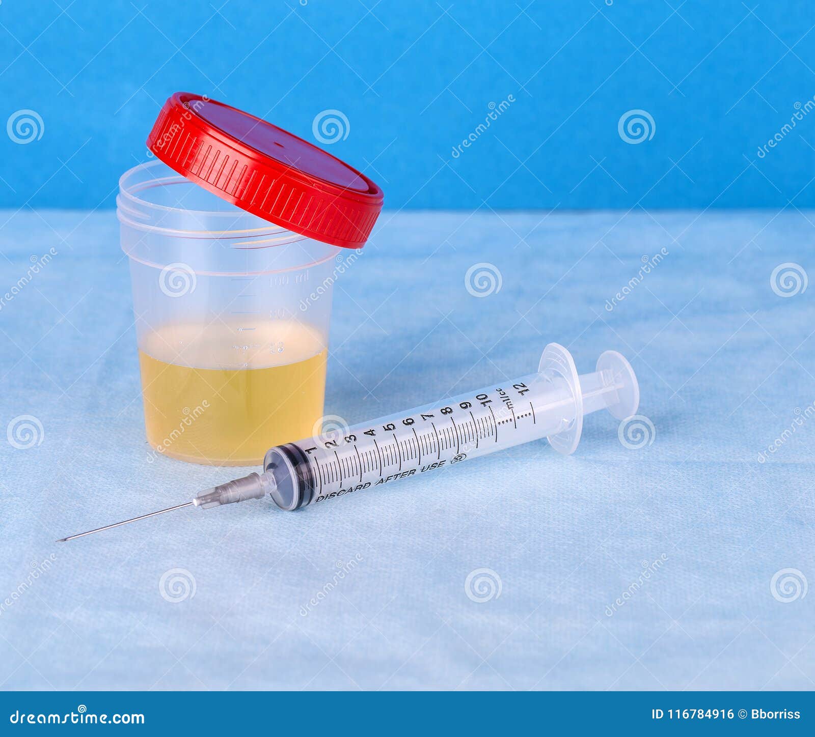 Medical Urine Test in Plastic Container and Syringe Stock Photo Image