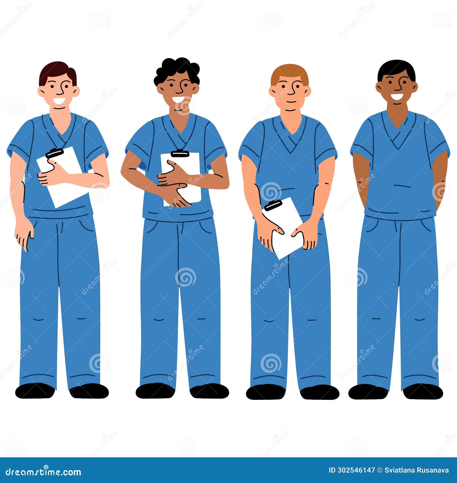 Medical Workers in Blue Uniforms with Documents, Smiling. Nurses, a