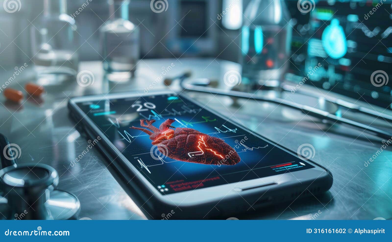 medical workspace featuring a 3d heart model on a smartphone's advanced e-health application
