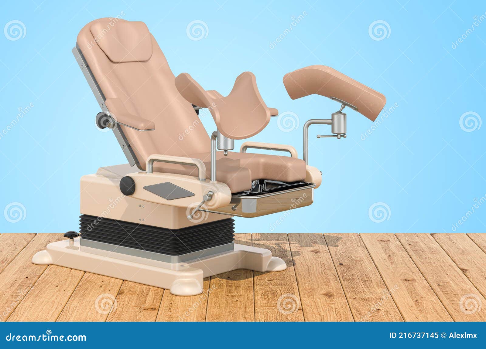 medicals gynecological examination chair on the wooden planks, 3d rendering