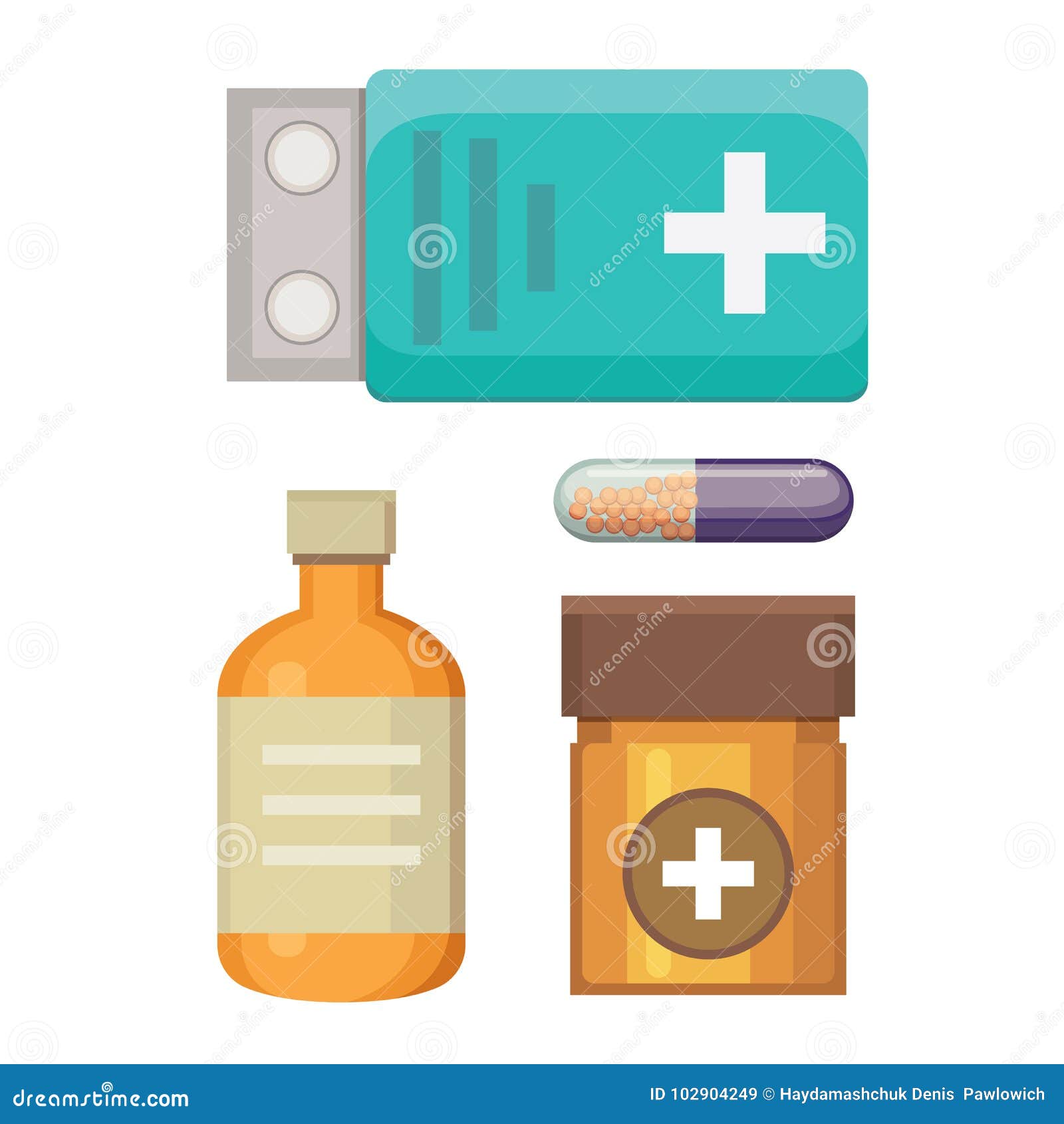 Medicamentos Dos Desenhos Animados. Diferentes Pílulas E Garrafas