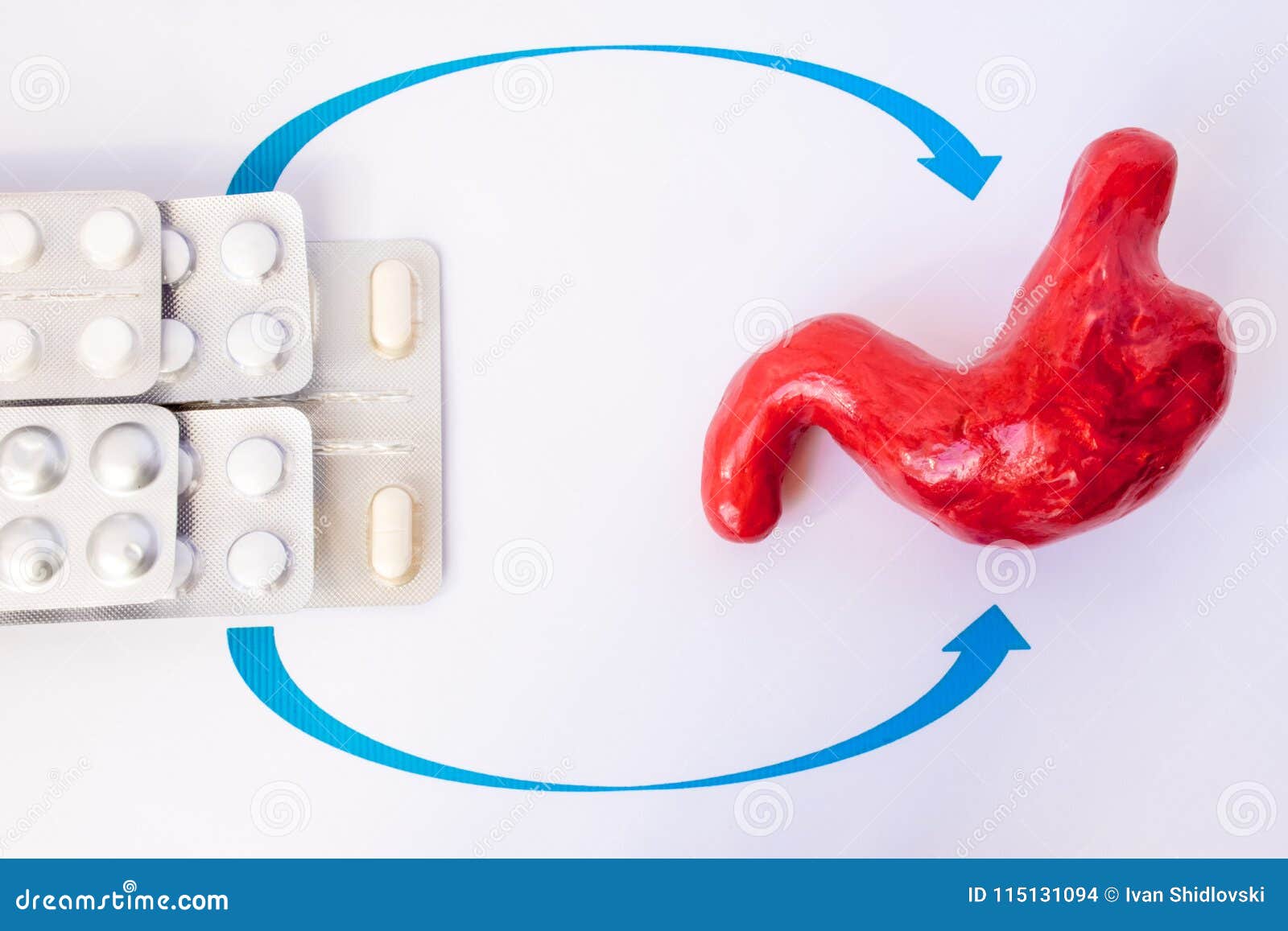 medication in pills in blister indicate stomach model. concept photo treatment of gastric diseases, peptic ulcers, gastritis, heli