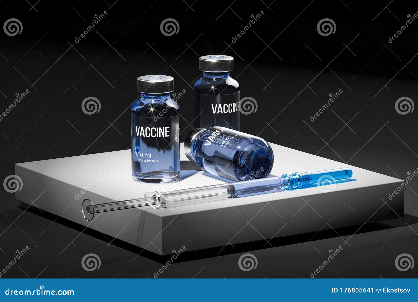 medicine bottle for injection with blue content from sars coronavirus and syringe for vaccination. 3d rendering