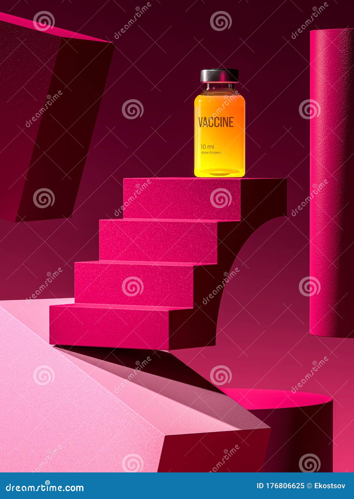 bottle for injection with orange content from sars coronavirus on ladder showcase and abstract background. 3d rendering
