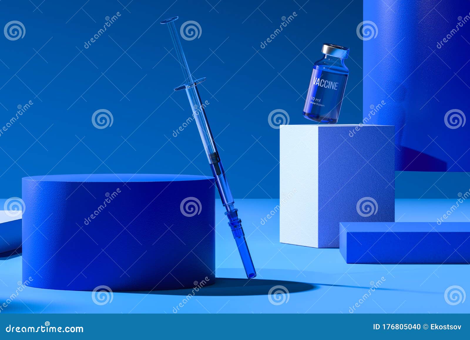 medicine bottle for injection from sars coronavirus and syringe for vaccination on blue showcase. 3d rendering