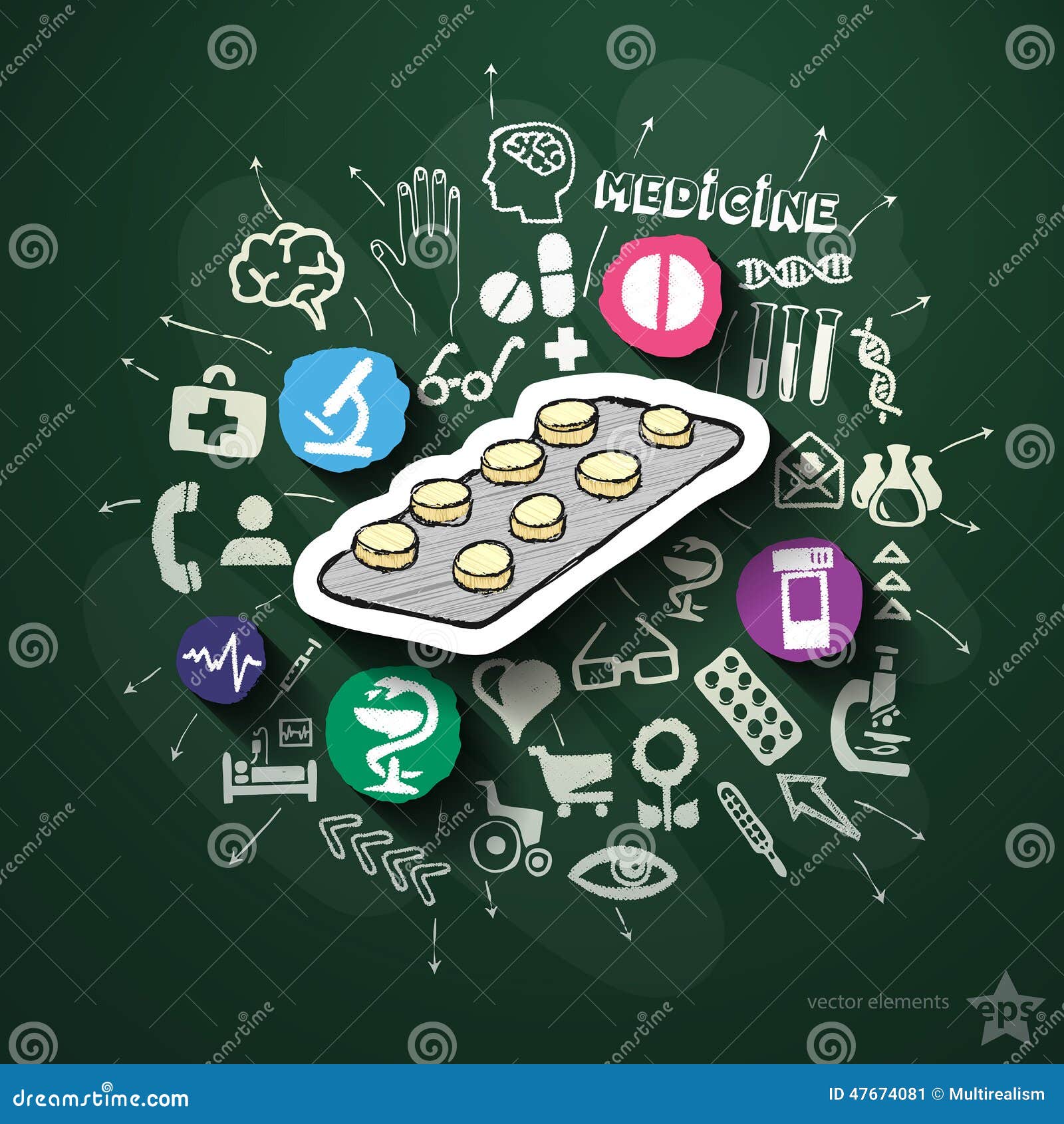 medicine collage with icons on blackboard