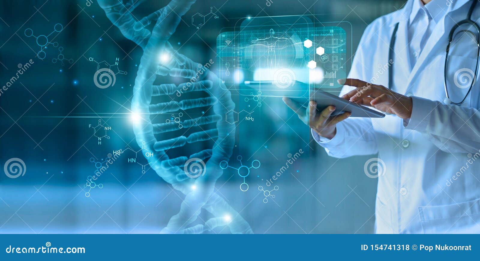 medicine doctor touching electronic medical record on tablet. dna. digital healthcare and network connection on hologram