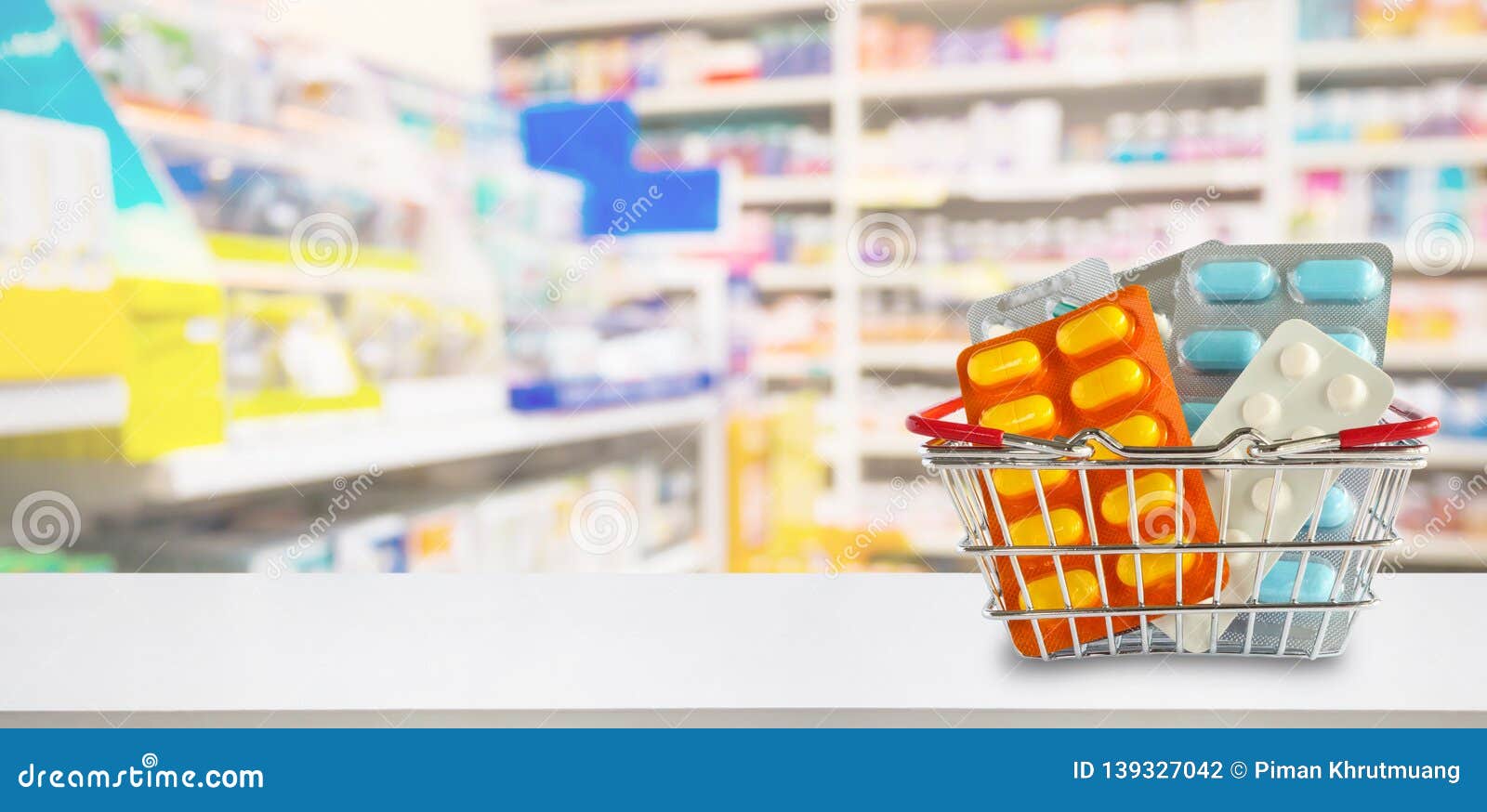 Medicine Pills Package in Shopping Basket with Pharmacy Background Stock  Photo - Image of indoors, cart: 139327042