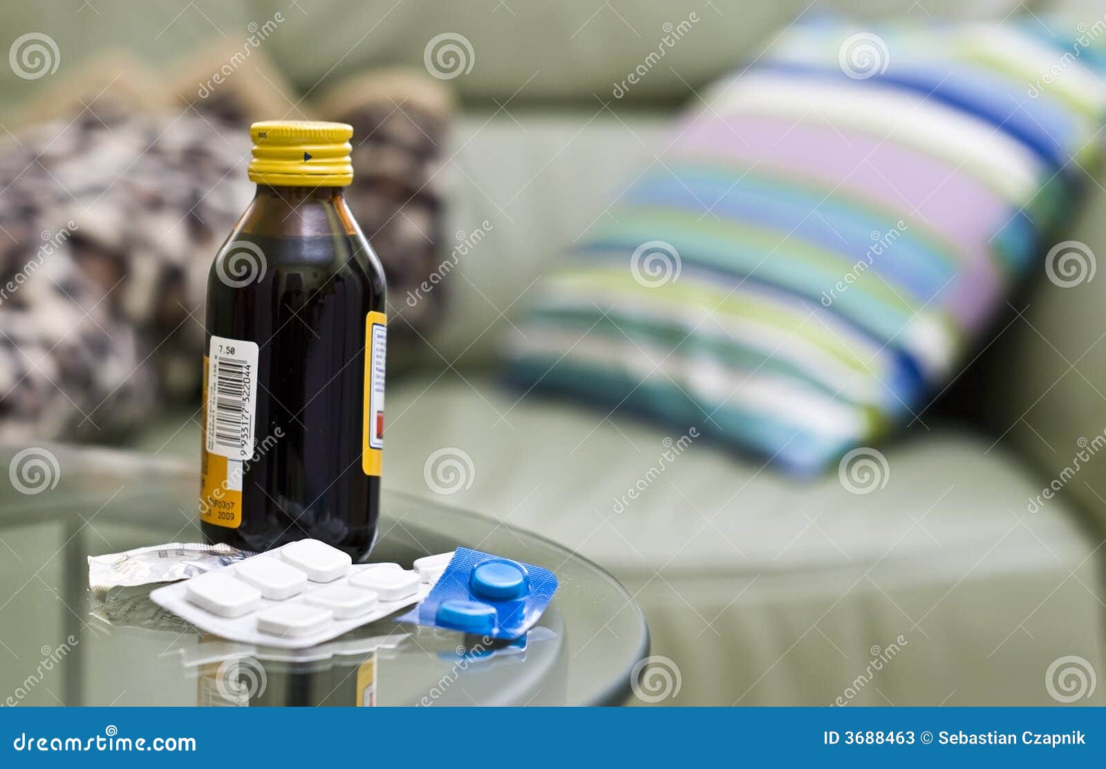 Medicines and sofa stock image. Image of living, cure 3688463