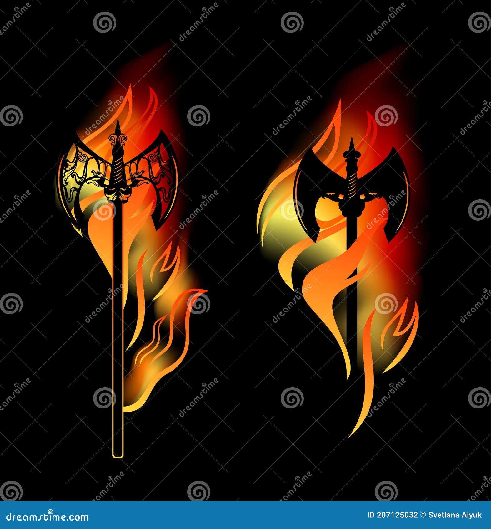 Burning Battle Axe among Fire Flames Vector Design Set Stock Vector