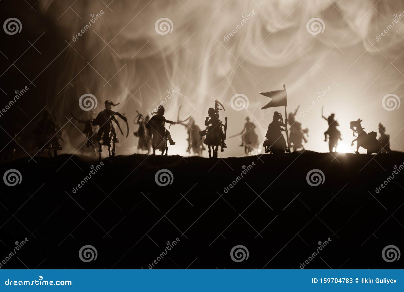 Medieval Battle Scene With Cavalry And Infantry Silhouettes Of Figures