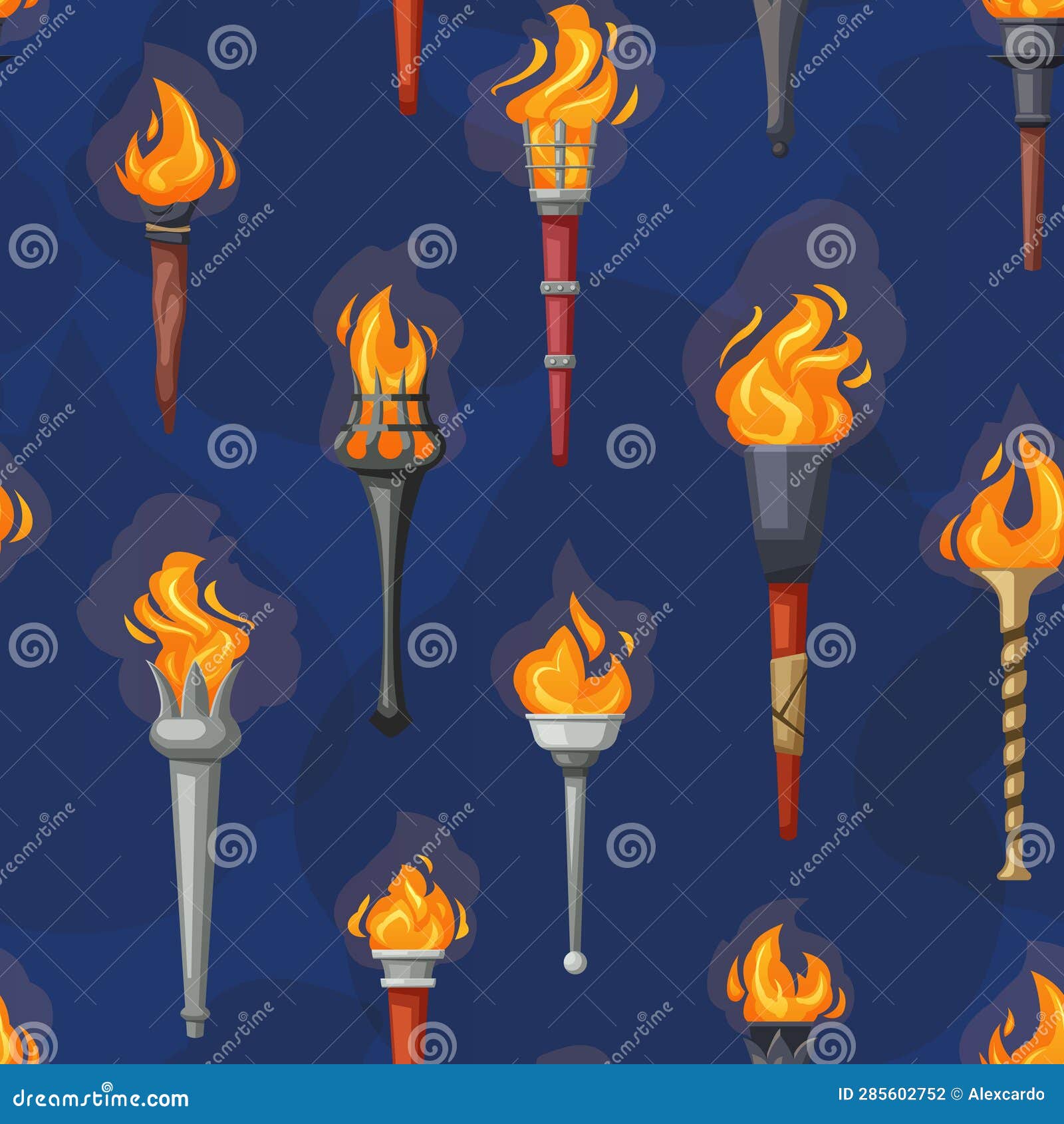 medieval burning cartoon torches pattern. different d torch lights ,ancient metal flaming.  cartoon seamless