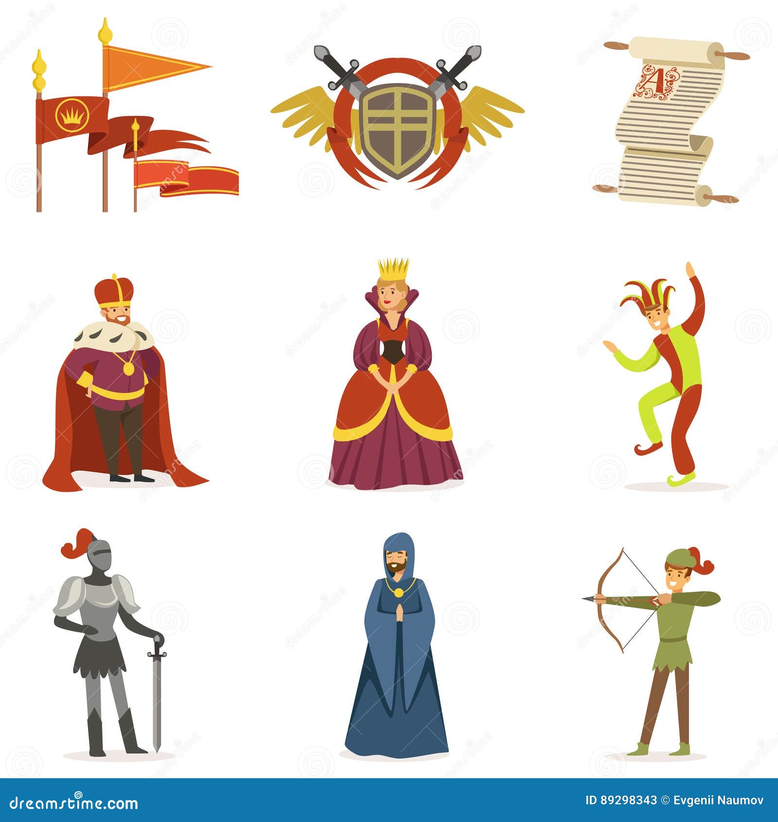 Medieval Cartoon Characters and European Middle Ages Historic Period  Attributes Collection of Icons Stock Vector - Illustration of character,  collection: 89298343