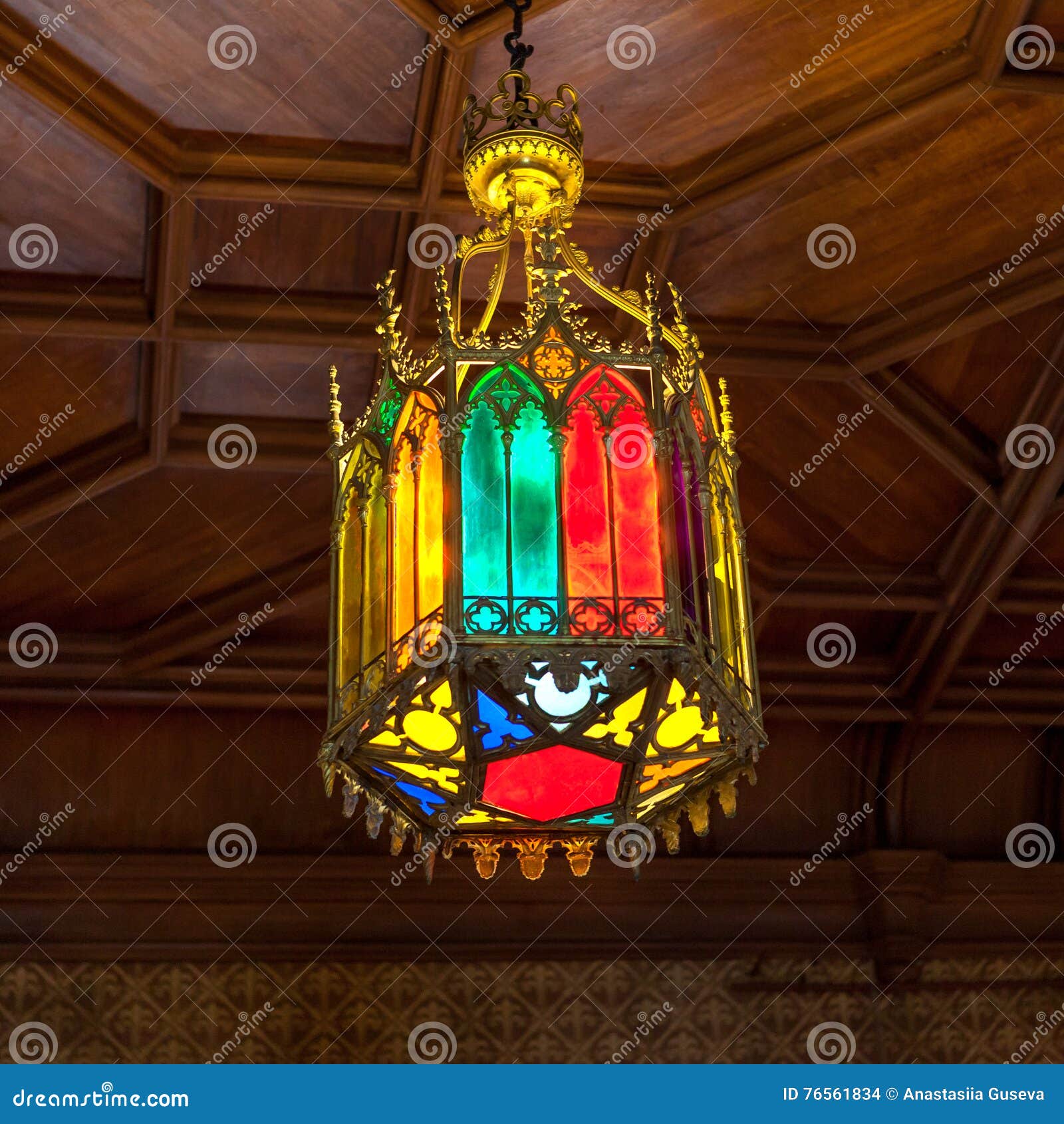 Medieval Ceiling Chandelier in the Gothic Style of Multicolored Pieces