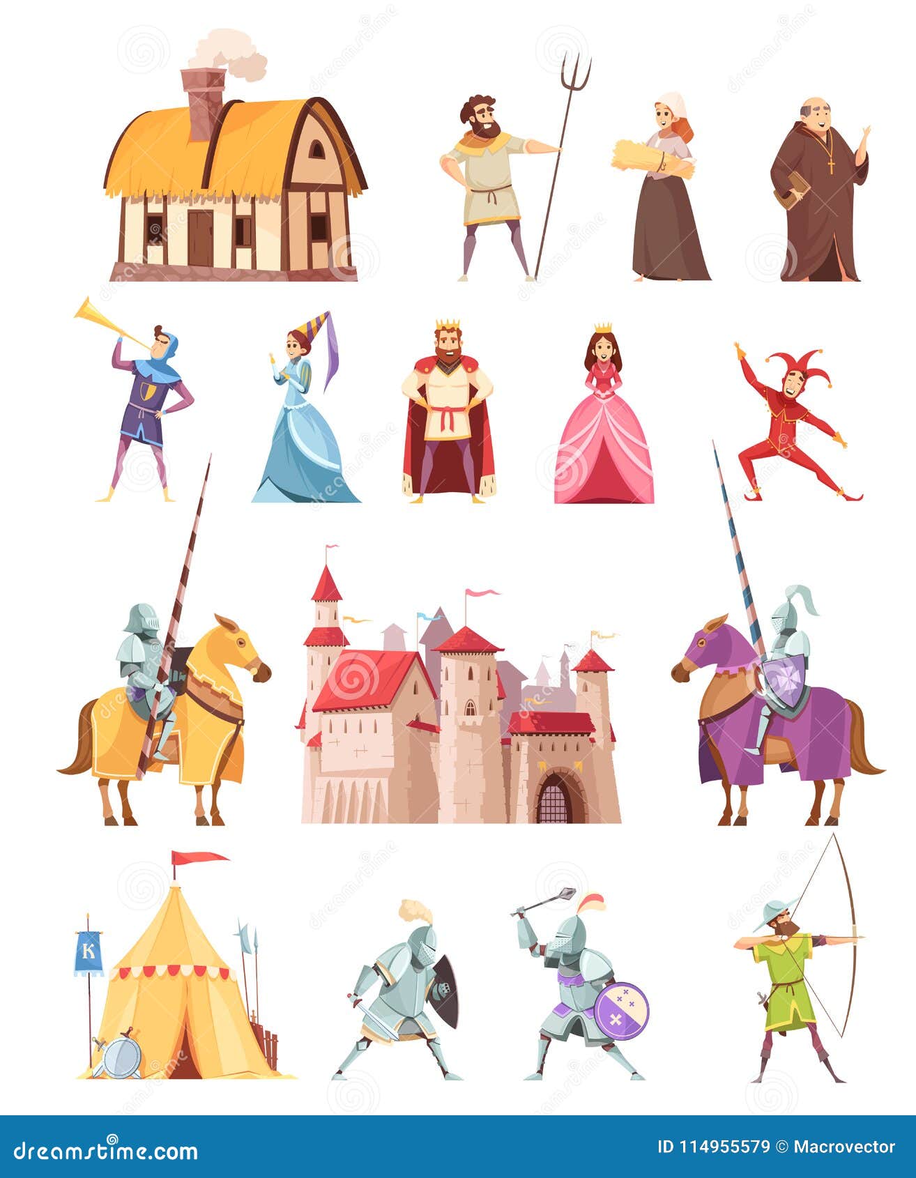 medieval characters buildings icons set