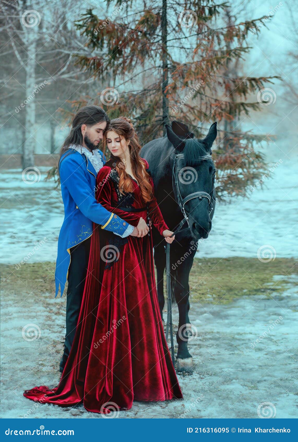 Medieval Couple in Love Man and Woman Hugging in Winter Forest. Vintage  Clothing Red Long Dress. Blue Frock Coat Costume Stock Image - Image of  horse, history: 216316095