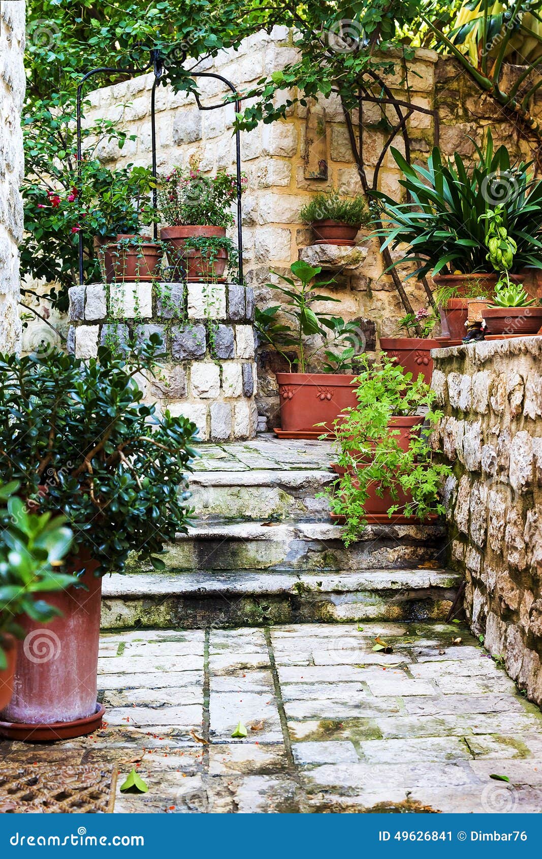 The Medieval Courtyard with Flowers Stock Image - Image of garden