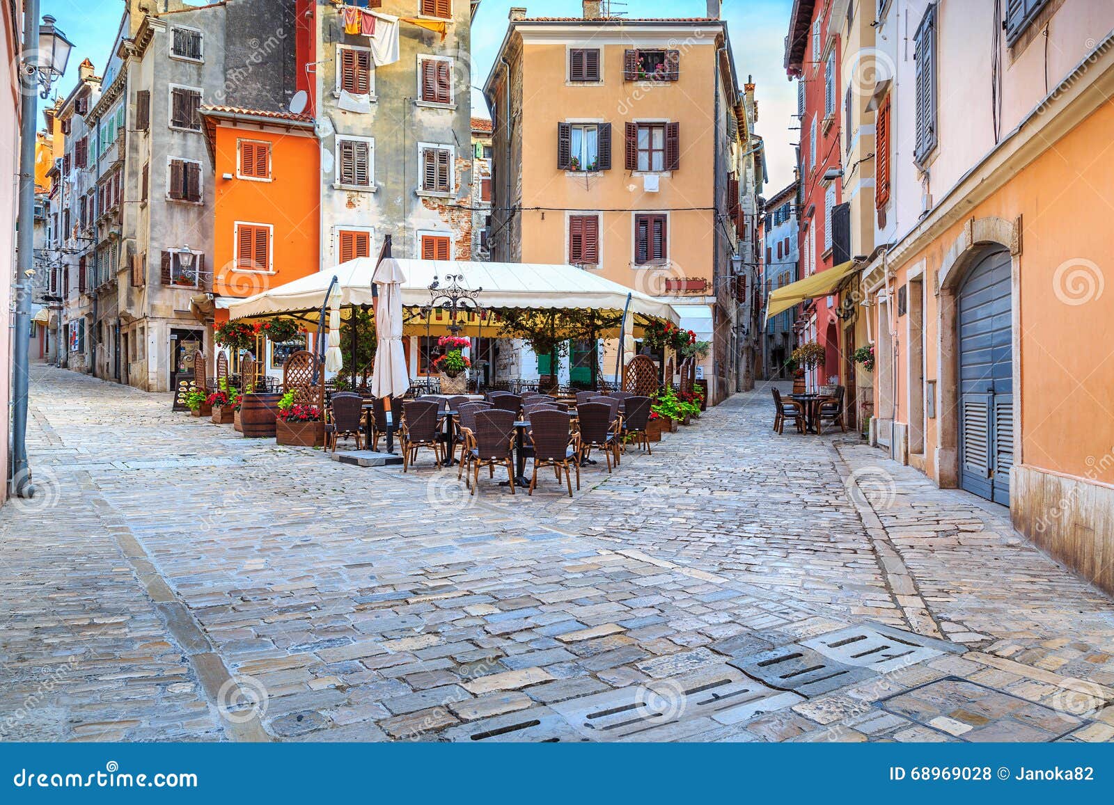 Medieval Croatian  Old Street with Street Cafe  In Rovinj 