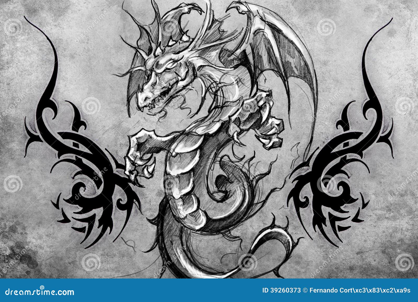 Medieval Dragon Tattoo Design Over Grey Background. Textured Backdrop.  Artistic Image Stock Illustration - Illustration of design, modern: 39260373