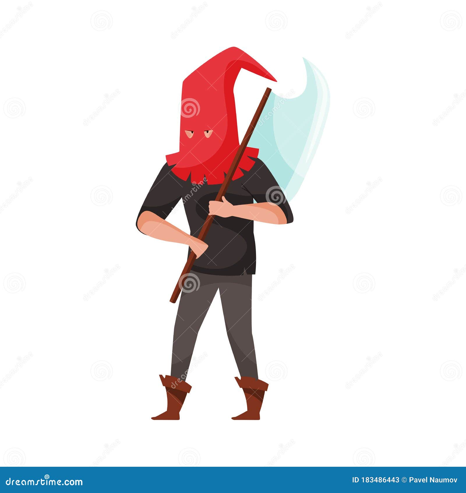 medieval executor or headman wearing red hat and carrying sharp axe  
