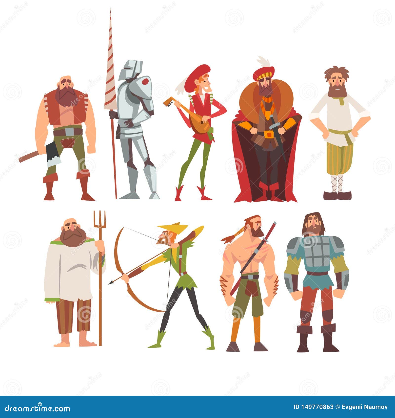 medieval historical cartoon characters in traditional costumes set, peasant, warrior, nobleman, archer, musician