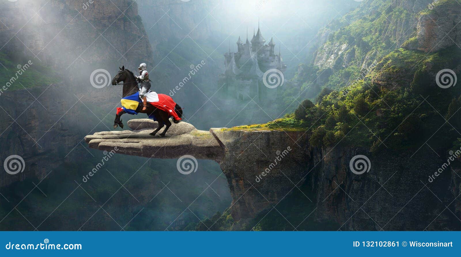 medieval knight, fantasy stone castle, horse