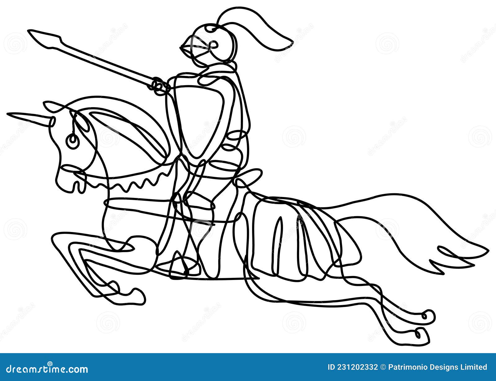 medieval knight with lance and shield riding stead continuous line drawing