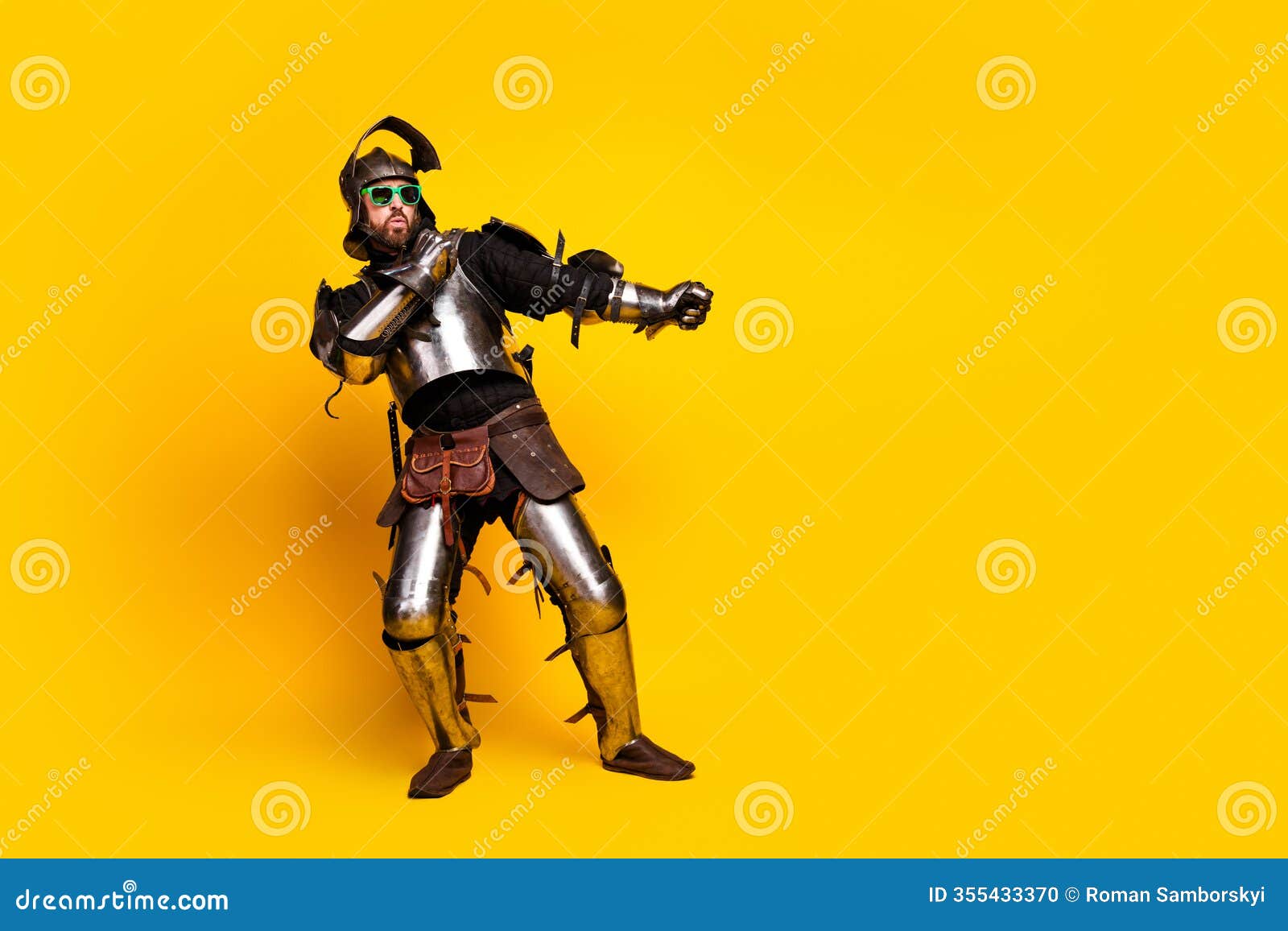 medieval knight with sunglasses and playful pose on vibrant yellow background