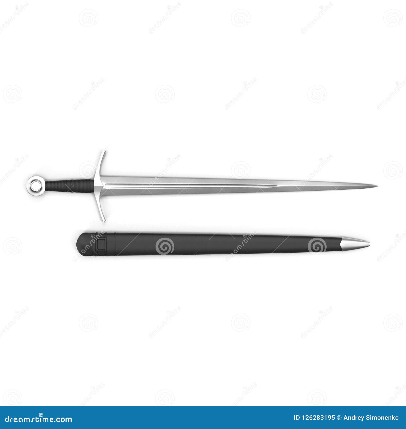 Medieval Knight Sword on White. Top View. 3D Illustration Stock ...