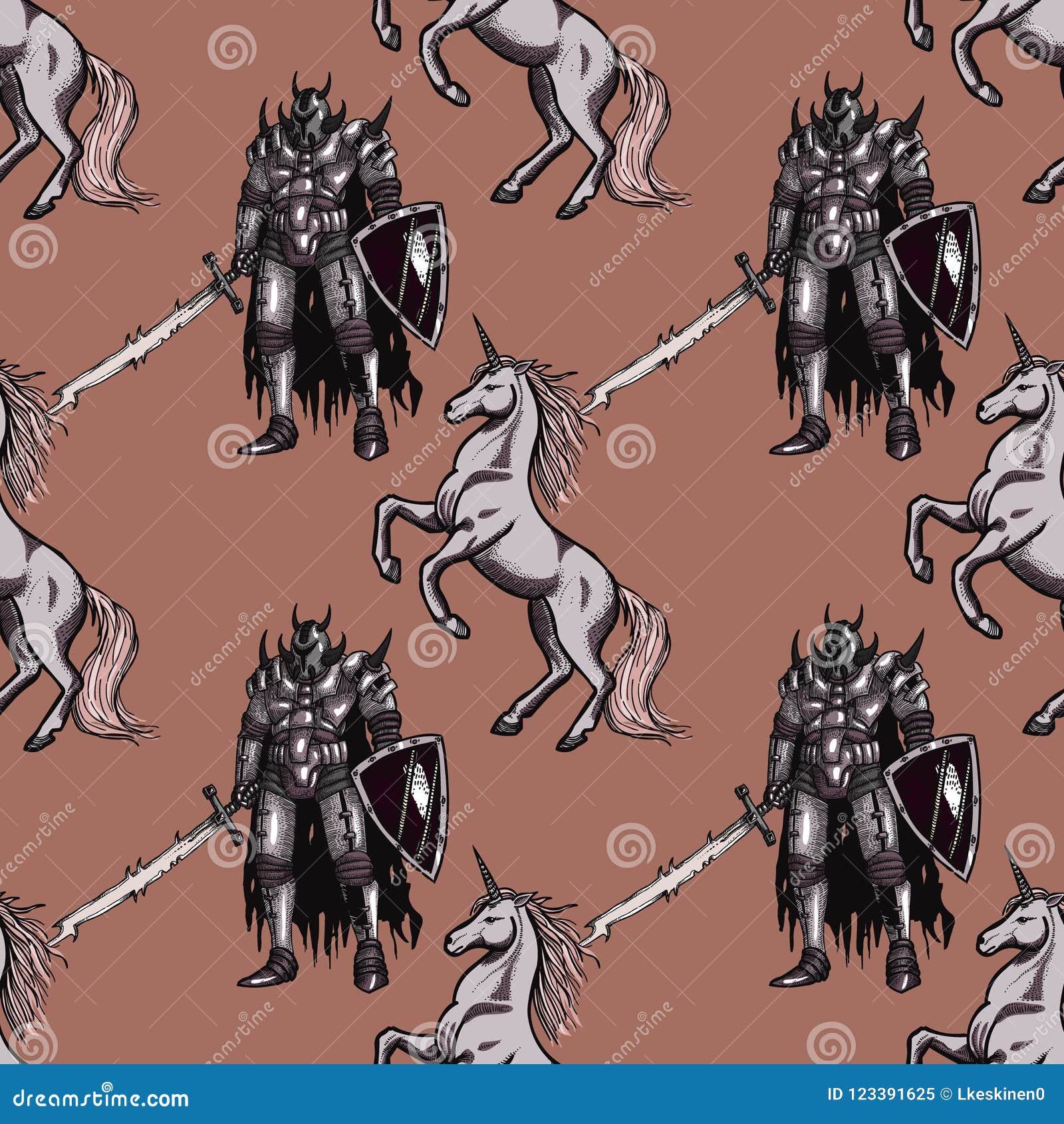 Medieval Knight and Unicorn Seamless Pattern Stock Vector