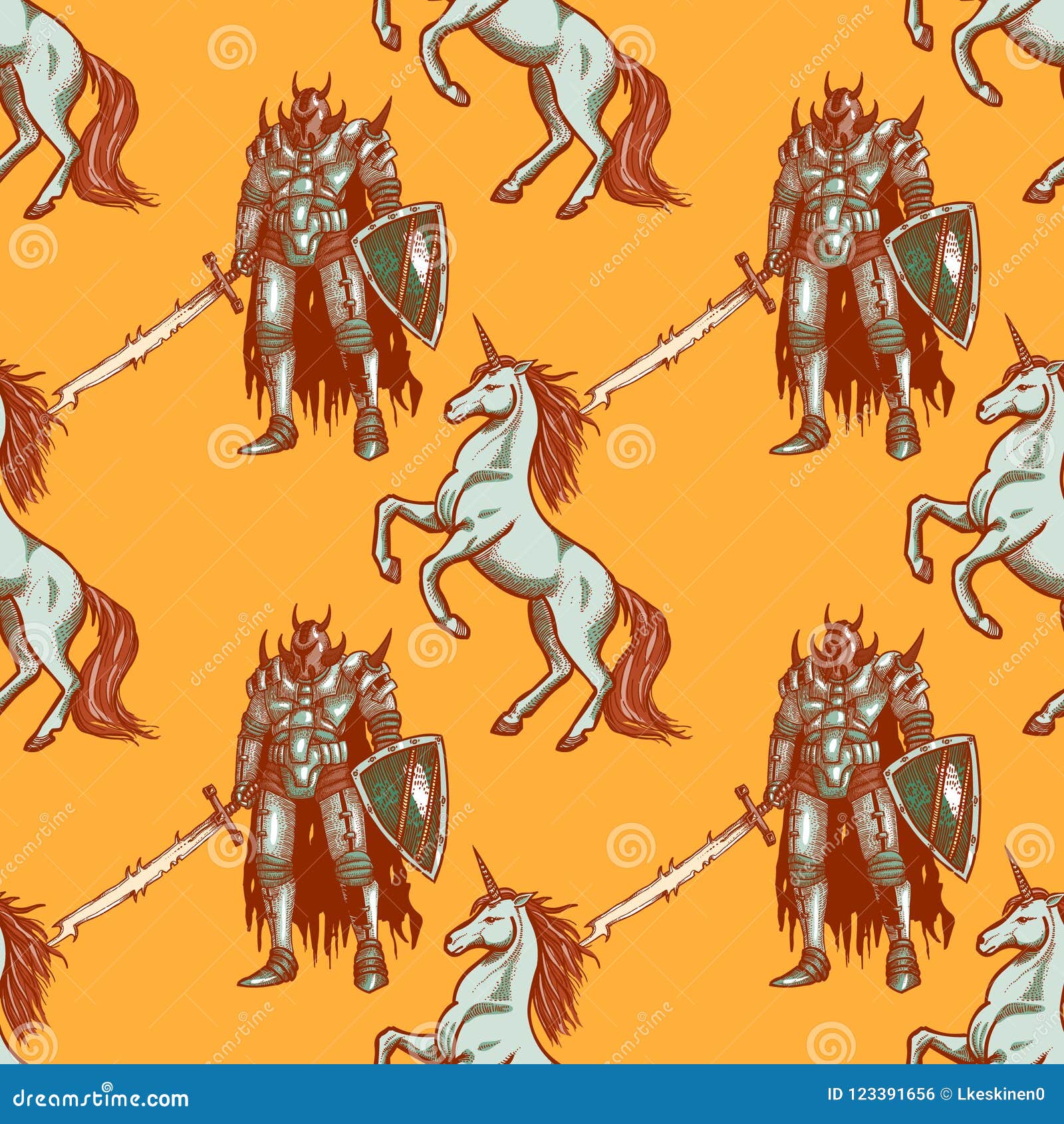 Medieval Knight and Unicorn Seamless Pattern Stock Vector